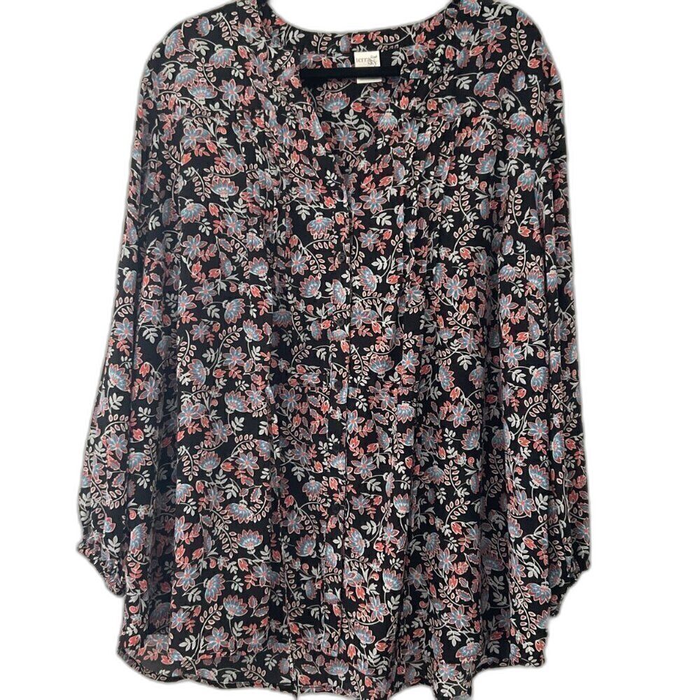 NWOT Terra & Sky Plus Size 1X Black Geometric Print Front Tie V-Neck Blouse